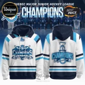 QMJHL Saguenéens champions hoodie in white navy and light blue with hockey trophy graphic and 2026 text!