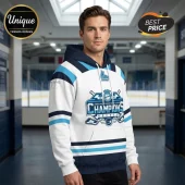 White hockey hoodie with blue stripes and Quebec Major Junior Hockey League Champions graphic design!