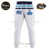 White sweatpants with blue hockey champion graphics and striped waistband!
