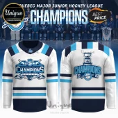 White hockey jersey with blue and navy stripes featuring 2026 QMJHL Saguenéens Champions graphics and logos!