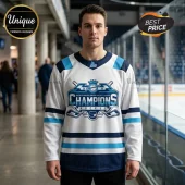 White hockey jersey with navy and light blue stripes featuring a Quebec Major Junior Hockey League Champions graphic design!