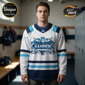 White hockey jersey with light blue and navy stripes featuring Quebec Major Junior Hockey League Champions logo!