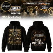Black hoodie with gold vintage graphic of Chris Young and The American Rodeo 2026 text on front and back!