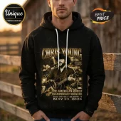 Black hoodie with Chris Young concert graphic, gold text, American Rodeo Championship Weekend Arlington May 23 2026 print!