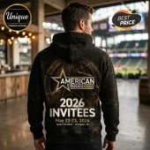 Black hoodie with gold The American Rodeo 2026 Invitees graphic and Globe Life Field Arlington TX text on back!
