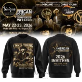 Black sweatshirt featuring Chris Young graphics, The American Rodeo logo, and gold distressed text print on both sides!