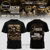 Black graphic tee with gold Chris Young concert art and American Rodeo Championship Weekend 2026 text on front and back!