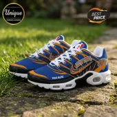 Custom New York Knicks basketball sneakers in blue and orange with white laces and personalized name space!