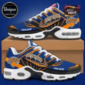 Custom New York Knicks blue and orange sneakers with basketball logo and Your Name text on a brown shoe box!
