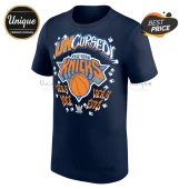 Navy blue tee featuring New York Knicks basketball logo with text Uncursed Very Nice Very Evil and tooth graphics!