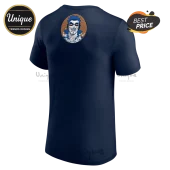 Navy blue t-shirt featuring a circular graphic of a comic book character with blue hair and white face paint!