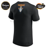 Black t-shirt featuring Danhausen wrestling graphic inside a blue triangle logo with orange text on upper back!