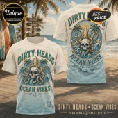 Vintage style cream t-shirt with blue and gold skull, squid, palm tree, and ocean waves design reading Dirty Heads!