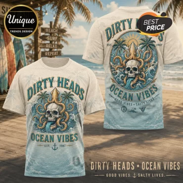 Dirty Heads Ocean Vibes Kraken Skull Beach Waves T-Shirt