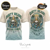Vintage style tee featuring skull, octopus, and palm trees with Dirty Heads Ocean Vibes text in teal and yellow colors!