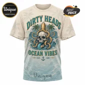 Cream t-shirt featuring a retro squid and skull design with palm trees, ocean waves, and Dirty Heads Ocean Vibes text!