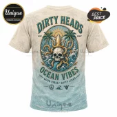 Beige t-shirt with Dirty Heads Ocean Vibes text featuring a skull octopus graphic in a retro coastal design style!
