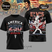 Black t-shirt featuring Elvis Presley, American flags, and text about America 250 years of freedom 1776-2026!