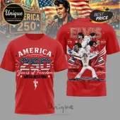 Red graphic t-shirt featuring Elvis Presley, American flags, and text America 250 Years of Freedom 1776-2026!