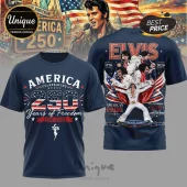 Navy blue t-shirt featuring Elvis Presley, American flags, and text America Celebrating 250 Years of Freedom 1776-2025!