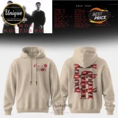Beige hoodie with Con Tus Besos text and red lipstick kiss print graphics on front chest and back design!