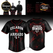 Black baseball jersey with Eslabon Armado text and red spider web graphics and signatures on front and back!