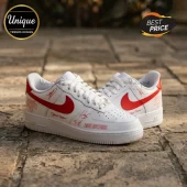 Custom white sneakers with red swooshes and Amor Nocturno text featuring script signatures and Your Name personalization!