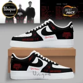 Custom Nike Air Force 1 sneakers with black and white colorway featuring Eslabon Armado Amor Nocturno text in red!