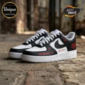 Custom black and white sneakers with red Amor Nocturno and Your Name text graffiti style!