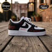 Custom black and white sneakers with red text Eslabon Armado Amor Nocturno and microphone graphic!
