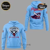 Light blue hoodie with NCISAA Baseball 2A Champions 2026 print featuring a patriot mascot and Faith Christian School text!