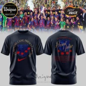 Navy Barcelona FC t-shirt with gold text El Nostre Cami Present I Futur, red stars, and club crest graphic print!