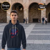 Black hoodie with FC Barcelona crest, red stars, and text El Nostre Cami Present I Futur in gold circle layout!