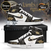 High top sneaker with black skull print and gold Five Finger Death Punch branding and brass knuckles logo!