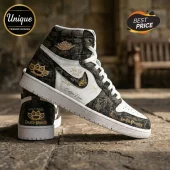 High-top sneaker with black and gold Five Finger Death Punch brass knuckles logo and custom script text on white leather!