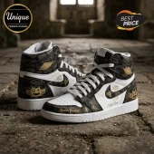 Custom high top sneakers in black and white with gold Five Finger Death Punch graphics and signature style text!