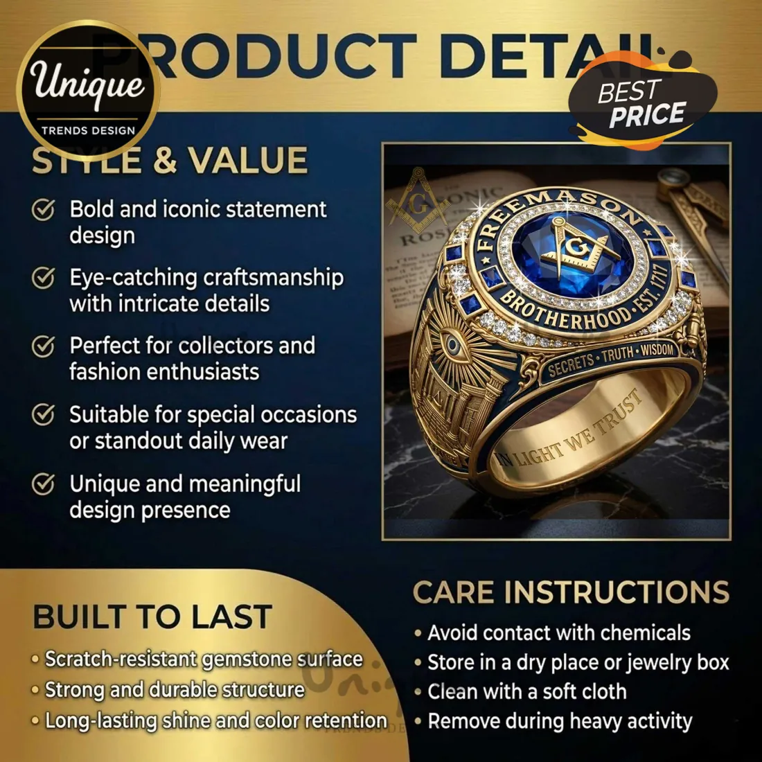 Freemason Brotherhood Est. 1717 Gold Masonic Ring Freemason Brotherhood Est. 1717 Gold Masonic Ring