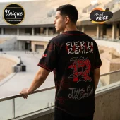Black baseball jersey with red eyes pattern, Fuerza Regida text, and rhinestone JR logo, back view on a man!