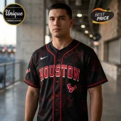 Black Houston baseball jersey with red eye pattern print and red HOUSTON text lettering.!
