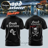 Black band t-shirt with Good Charlotte logo, skull graphic, and Yellowcard tour text in gothic font style!