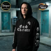 Black hoodie with white Old English text Good Charlotte and skull graphics on sleeves!