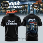 Black t-shirt featuring Good Charlotte and Yellowcard graphic with a retro motel and phone booth print!