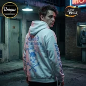 White hoodie with blue Good Charlotte skull crossbones graphic and tour text on the back and sleeve!
