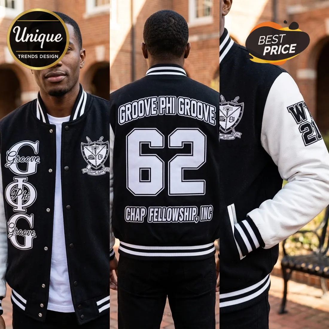 Groove Phi Groove 1962 Vintage Style Varsity Baseball Jacket Groove Phi Groove 1962 Vintage Style Varsity Baseball Jacket