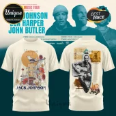Jack Johnson concert t-shirt featuring acoustic guitar, bird, floral art, and tour graphics on cream fabric!