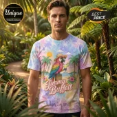 Man wearing pastel tie-dye t-shirt with parrot, palm trees, beach scene, and Jimmy Buffett text logo graphic!