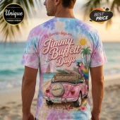 Pastel tie-dye t-shirt featuring tropical beach scene, pink car, parrot, and Jimmy Buffett Days retro text graphic!