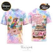 Tie-dye t-shirt with parrot holding drink, Jimmy Buffett text, tropical beach scene, and pink car on back print!
