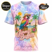 Tie dye t-shirt with tropical parrot wearing sunglasses and hat drinking cocktail with Jimmy Buffett text graphic!