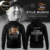 Black hoodie featuring Kyle Busch photo, race car, text Kyle Busch 1985-2026, 5-Time Cup Series Champion, and RCR logo!
